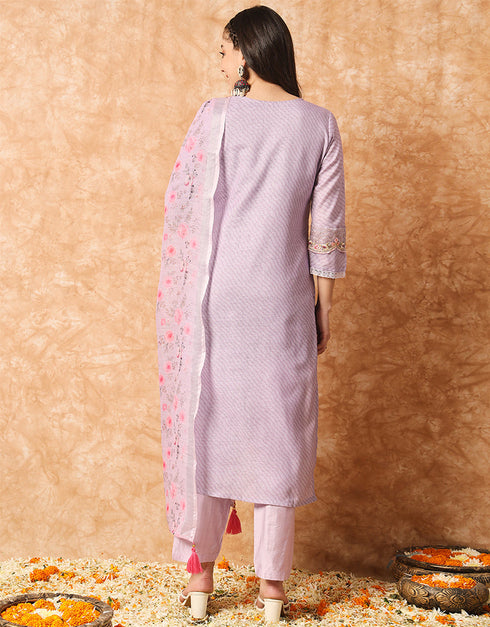 Trendy Designer Party Wear Readymade Salwar Suit Lavender Linen Cotton Pant Straight Close-up View